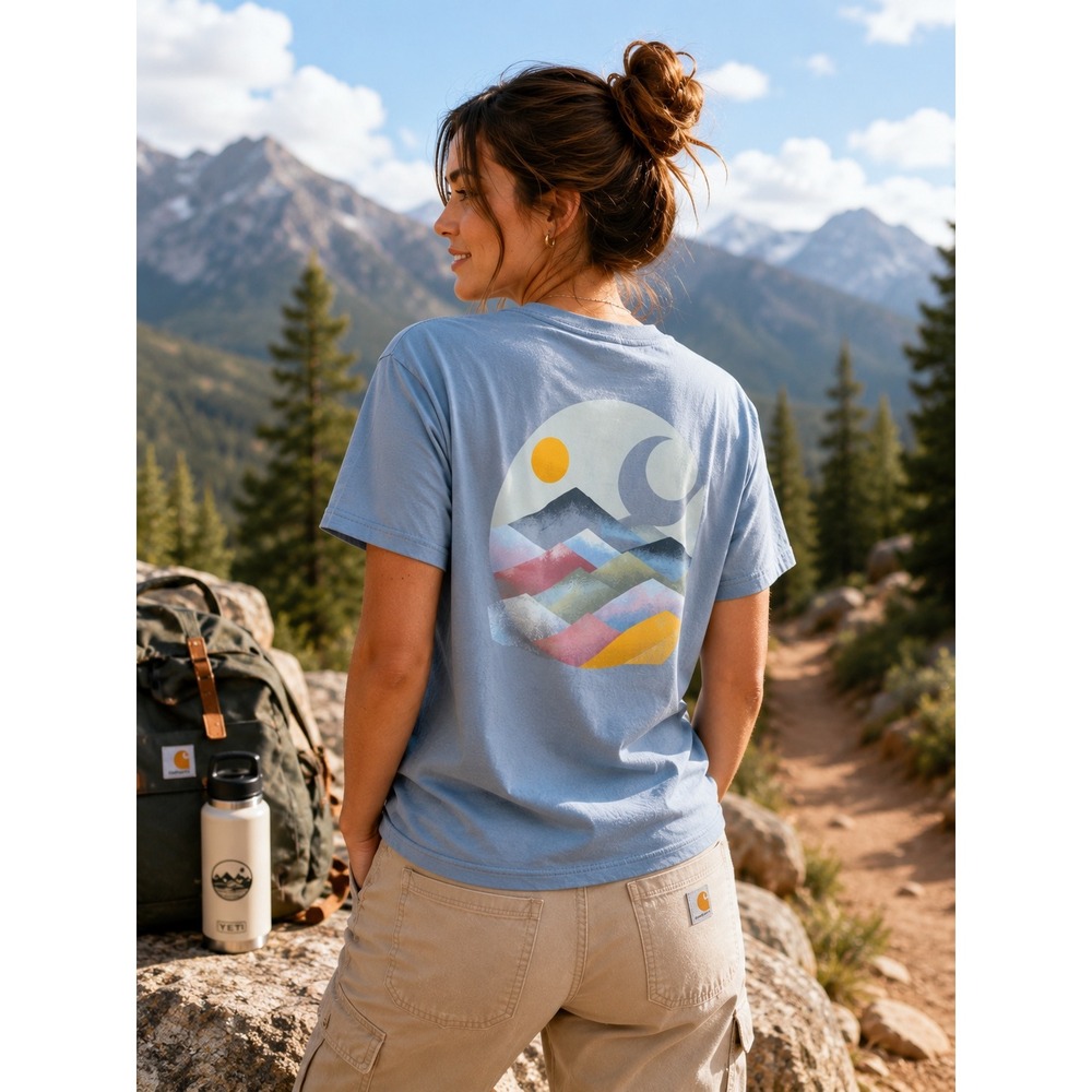 NWT Carhartt Women's Relaxed Fit Pocket Tee Mountain Graphic Blue Size Large